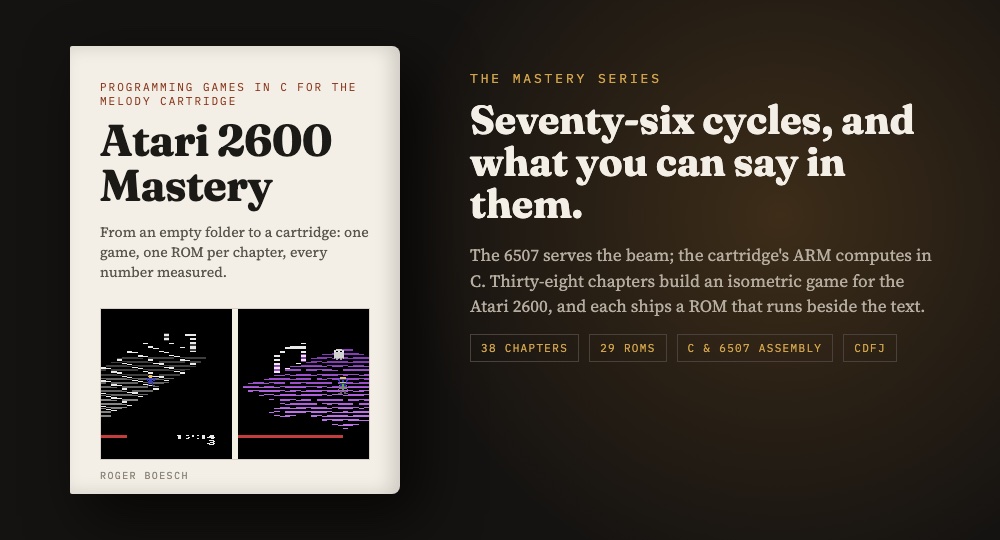 ATARI 2600 MASTERY: the book's cover beside two screens of the game it builds