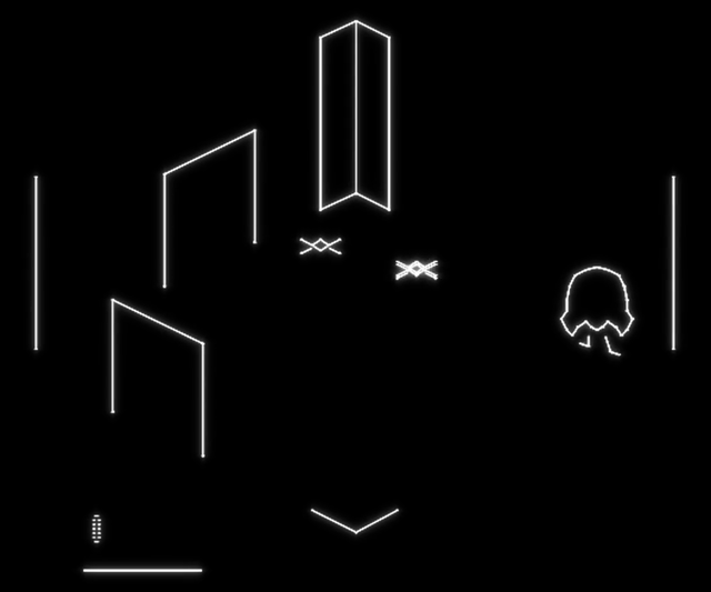 A room with two bats in the air and the adventurer by the right wall