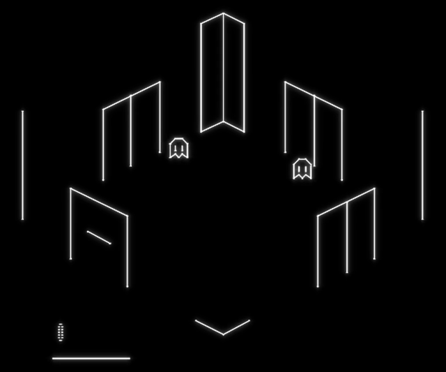 An isometric room drawn in vector lines, the adventurer between two ghosts