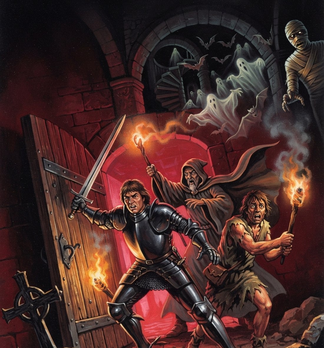 Painted artwork: a knight with a sword, a hooded figure and a torch-bearer burst through a castle door, ghosts, bats and a mummy behind them