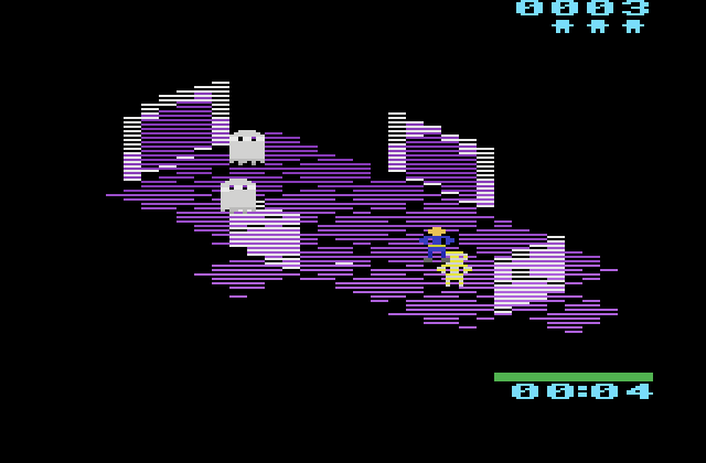 A violet room with two ghosts and the adventurer