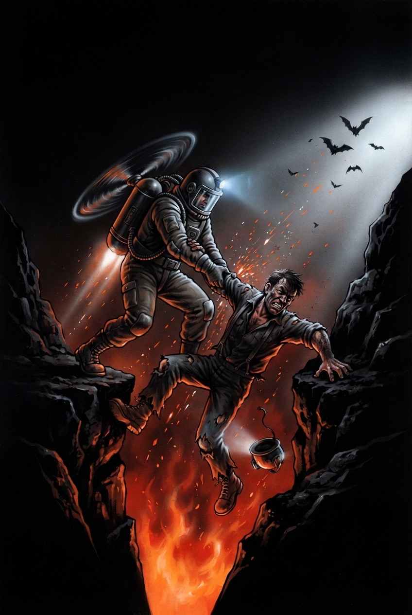Painted artwork: a rescuer with a propeller backpack pulls a miner up out of a fiery cavern, bats in the beam of the helmet lamp
