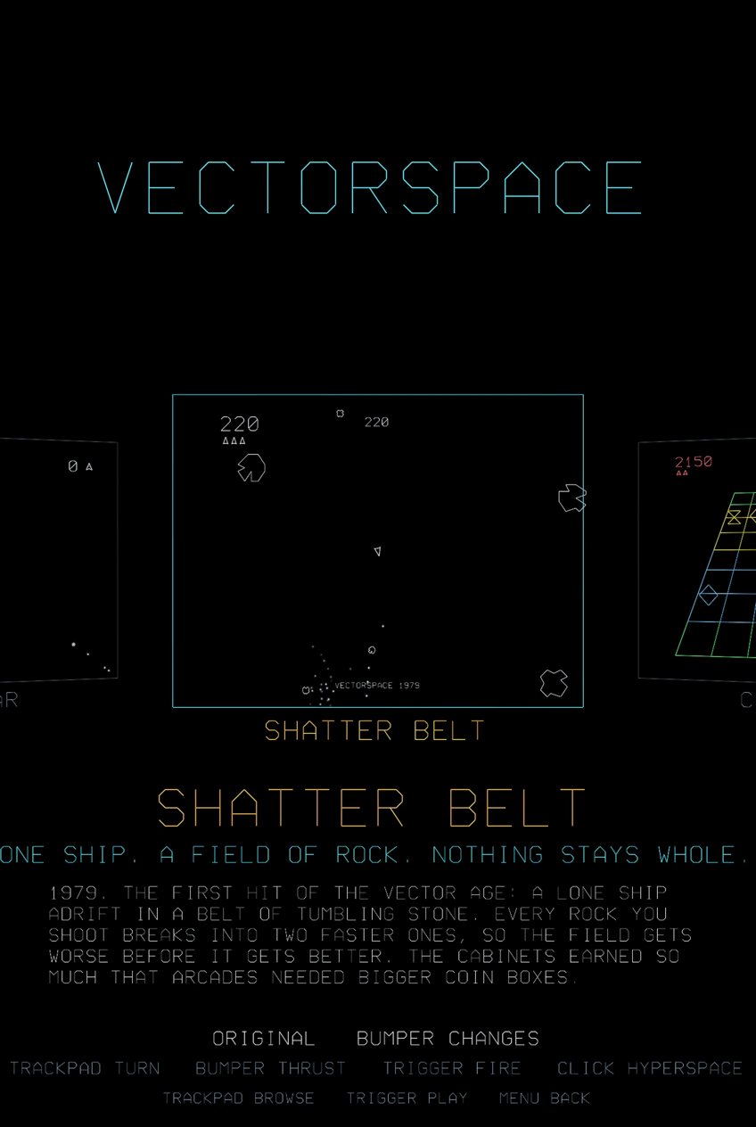 The VECTORSPACE carousel: the game in front larger, with its name, story and controls