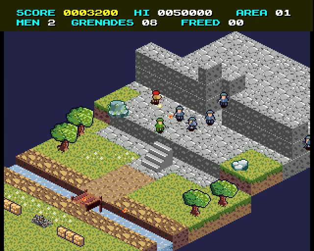 On the stone plateau below the fortress wall, the soldier faces a group of enemy soldiers