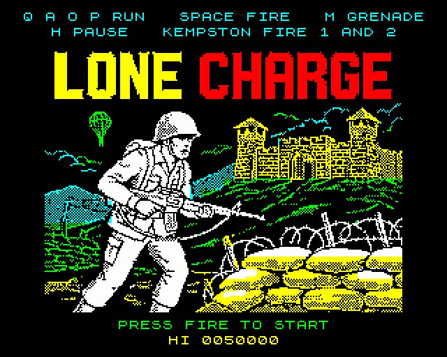 The LONE CHARGE title screen: a soldier with a rifle, sandbags and barbed wire, a fortress on the hill behind him