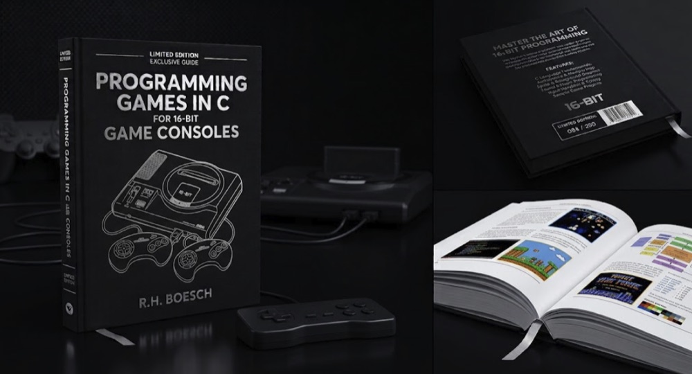 MEGA DRIVE MASTERY, a hardcover book, shown with a Mega Drive console, controller and an open spread