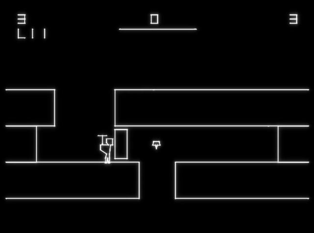 The rescuer on a cavern floor next to a wall block, a creature ahead