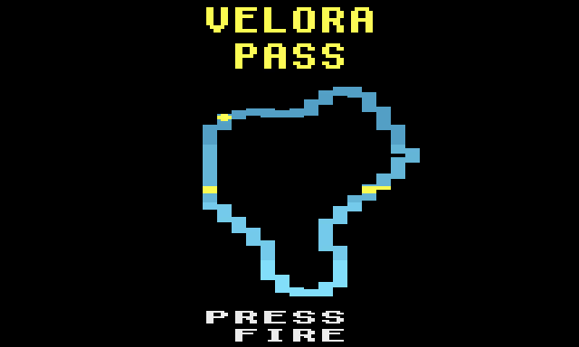 The start screen: the track Velora Pass drawn from above, with PRESS FIRE