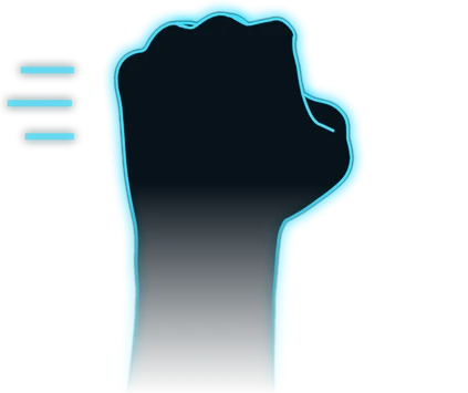 Left hand seen from behind, closed to a fist, with speed lines beside it