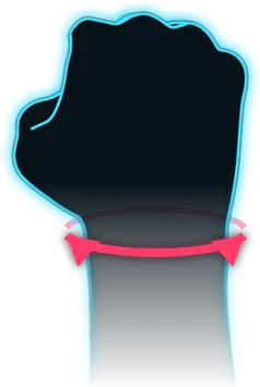 Right hand seen from behind, closed to a fist, with a ring arrow round the wrist showing the roll