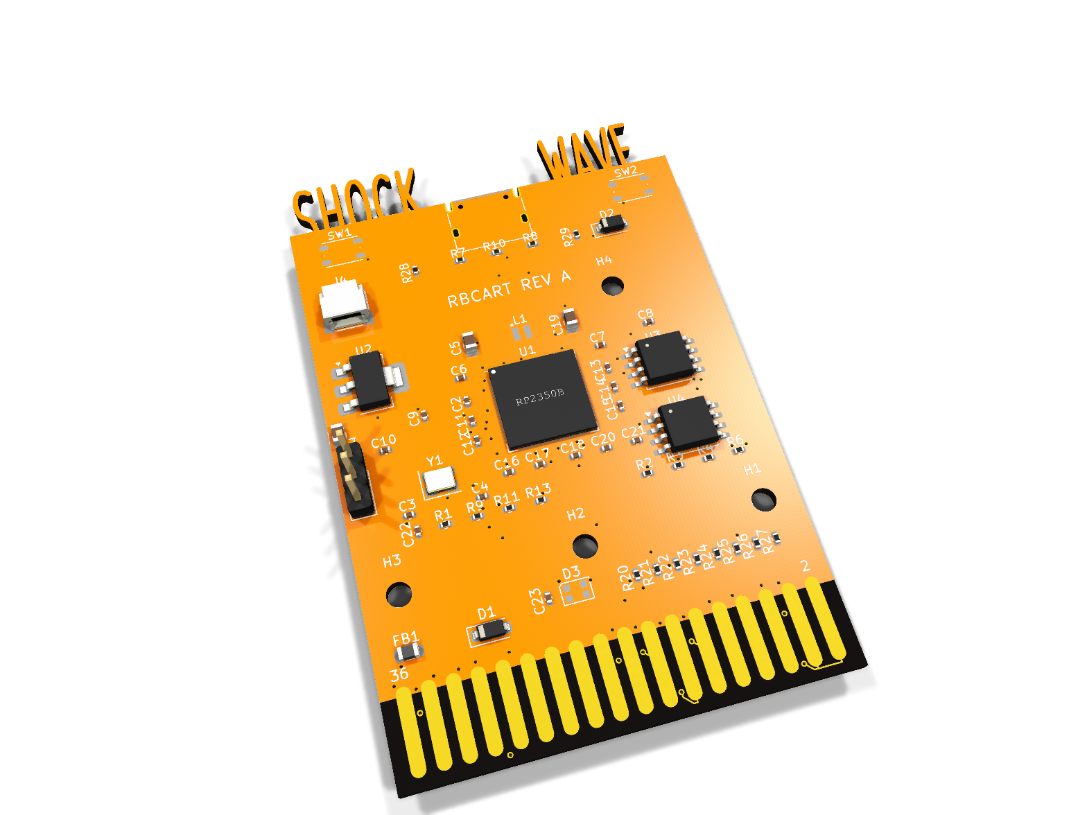 The Shockwave cartridge: an orange RBCART circuit board with an RP2350B chip and a gold cartridge-edge connector